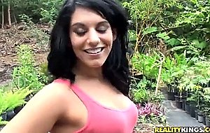 Black haired Bella Reese gets filmed outdoor by Josh