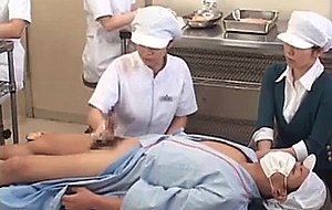 Teen asian nurses rubbing shafts for sperm medical exam