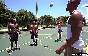 Michelle martinez playing basketball with three black muscle dudes