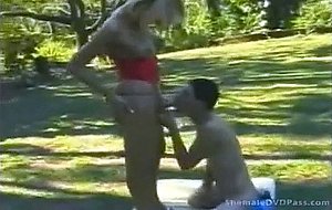 Nasty tranny gets ass banged outdoor