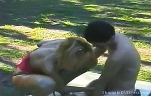 Nasty tranny gets ass banged outdoor