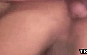 Brunette tranny sucks cock and gets fucked anally