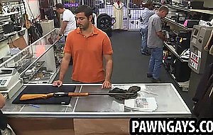 Amateur stud gets nude for some pics at the pawn shop