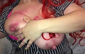 Sally lipstick drinks from her engorged lactating tits