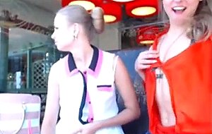 Two sweet teens flash in a cafe,  73  
