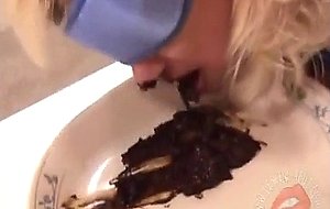 Blindfolded blonde eats shit