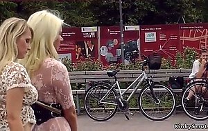 Hot blonde sluts disgraced in public outdoor  