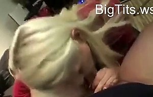 Busty blonde blows and spits cum 