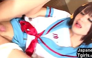 Japanese cosplay tgirl gets cum in mouth!