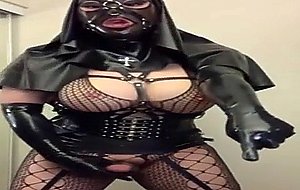 Asian rubber nun latex fetish doll strokes cock