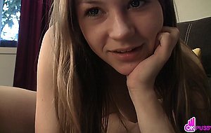 Slim teen shows her tight trimmed pussy
