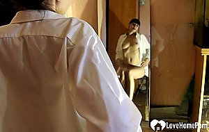 Naughty stepsister masturbates in front of a mirror