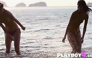 Sexy teen babe enjoyed on the beach with her friend