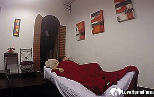 Horny stepsister masturbates on her brothers bed