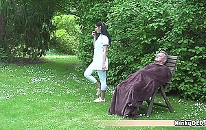 Gipsy teen nurse cures her old patient in the garden