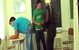 Two dudes bang nasty old teacher