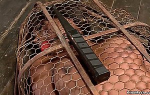 Ebony slave gets vibrated in cage
