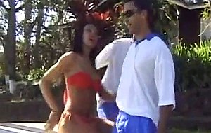 Horny tranny and football players in outdoor threesome