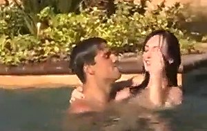 Superb naked brunette girl outside near a pool gets her wet pussy fucked