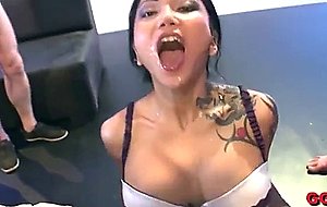 Busty asian nympho makes our dicks happy