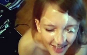 Brunette skinny teen sucking cock and takes big facial