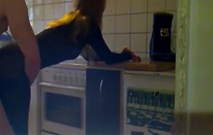 Teen in nylons fucked in the kitchen