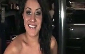 Delicious brunette slut gets a facial during bondage
