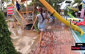 Amateur teen couple having fun in a public pool and enjoy hot sex after