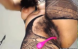Brunette babe with hairy pussy uses dildo POV