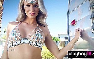 Petite small titted blonde belly dancer Emma Hix stripping in a trailer