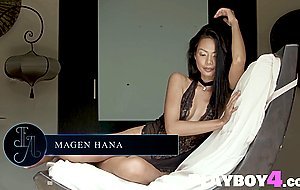 Petite Asian teen Magen Hana hot posing before redhead babe striptease