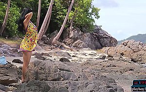Big natural tits Thai teen beauty Kahlisa solo striptease on the beach