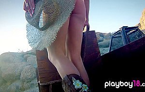 Petite small titted blonde pornstar Emma Hix introducing her body outdoor