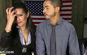 Bound guy licks ass to tranny in her office