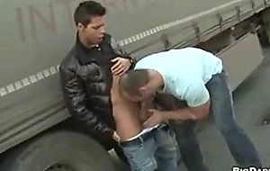 Muscle stud picks up big truck driver in public sex for