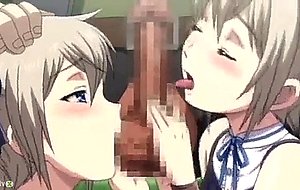 Two anime chicks licking a dong