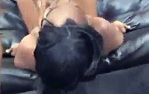 Black girl on sofa gets cock stuffed down her throat