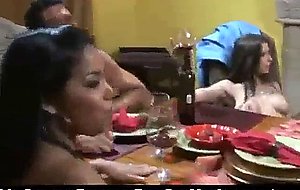 Super sweet sluts on the table get their pussy fuckedby three guys