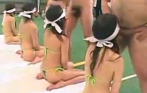 Japanese pornstars line up blindfolded and suck cock