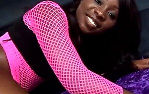 Ebony babe in fishnet gets fucked and cumd on