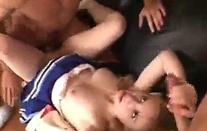 Innocent blonde cheerleader in threesome fucked and doing bj