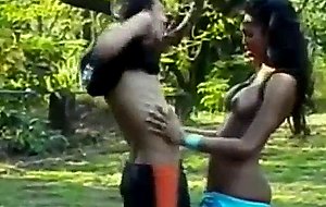 Oral caress from a busty tranny outdoor