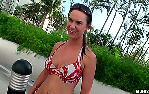 Slim sweet brunette in bikini gets filmed by voyeur